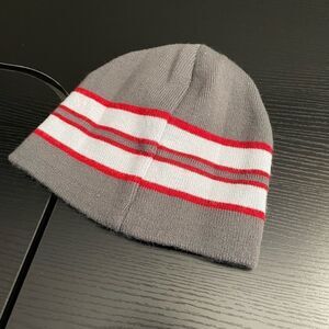 Mens Charcoal Gray, Light Gray & Red Reversible Beanie, One Size